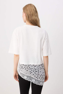 Ekru D_z Oversize/Geni_ Kal_p Puantiyeli Dantel Detayl_ _rme T-Shirt TWOSS26TS00337 - Trendyolmilla фото 4