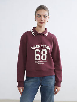 Polo Yaka Manhattan Bask?l? Kad?n Kal?n Sweatshirt