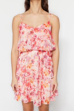 Pembe Cicek Desenli Belden Ac?lan Boho Astarl? Sifon Ucus Ucus Dokuma Mini Elbise TWOSS23EL01445