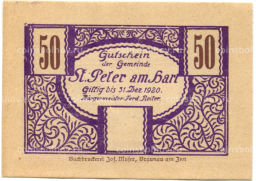 50 геллеров 1920 года Австрия  Санкт-Петер-на-Вимберге (нотгельд)