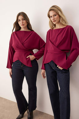 Bordo Kruvaze Baglamal? Dokuma Bluz TWOAW26BZ00232