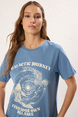 Indigo %100 Kal?n Pamuklu Regular/Normal Kal?p Bask?l? Orme T-Shirt TWOSS25TS00076