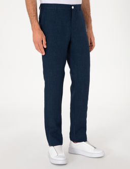 Lacivert Slim Fit %100 Keten Pantolon