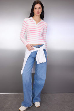 Kahverengi Cizgili Soft Touch Polo Yaka Vucuda Oturan Orme Bluz TWOAW26BZ00355 - Trendyolmilla фото 6