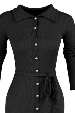 Trendyolmilla Siyah Vucuda Oturan Uzun Kol Polo Yaka Fitilli Dugmeli Esnek Midi Orme Elbise TWOAW23EL00115 фото 12