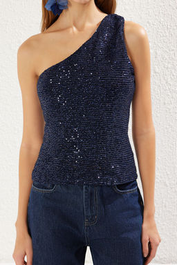 Lacivert Tek Omuz Payet Orme Bluz TPRSS25BZ00009 - Trendyolmilla фото 4