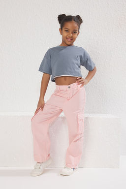 Pembe K?z Cocuk %100 Pamuk Cep Detayl? Wide Leg Lastikli Dokuma Pantolon TKDSS25PL00004