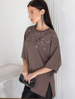 D49.125 Футболка женская кофе_пайетки