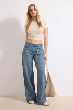 Mavi Kemerli Y_ksek Bel Geni_ Pa_a Wide Leg %100 Pamuk Jeans TWOSS26JE00085