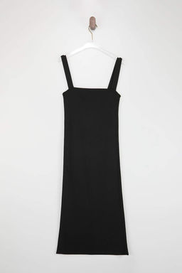 Siyah Duz Midi Kare Yaka Vucudu Saran Mucevher Dugmeli Triko Elbise TWOSS26EL00179 - Trendyolmilla фото 6