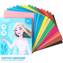 Цена за 2 шт. Картон цветной, А4, 16 листов, 16 цветов, немелованный, двусторонний, в папке, 200 г/м², Холодное сердце