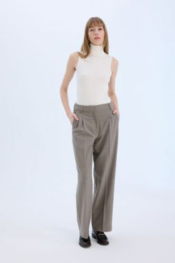 Wide Leg Yuksek Bel Genis Duz Paca Pensli Flanel Pantolon
