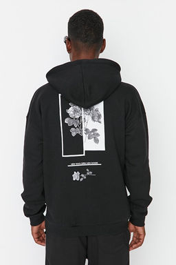 Siyah Oversize/Geni_ Kesim Kap__onlu __i Polar/S_cak Tutan _i_ek Bask_l_ Sweatshirt TMNAW22SW1651