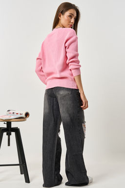 Джемпер свободного силуэта c v-образным вырезом розовый - Fly фото 2