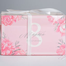 Цена за 5 шт. Коробка для капкейков, кондитерская упаковка, 2 ячейки Поздравляю с 8 марта, 16?8?10 см