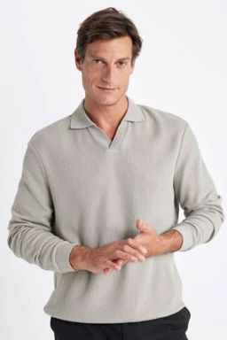 Ac?k Haki Regular Fit Polo Yaka Jakarl? Triko Sweatshirt