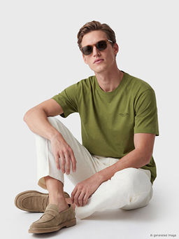 Loose Fit Bisiklet Yaka Bask?l? Erkek Ti??rt