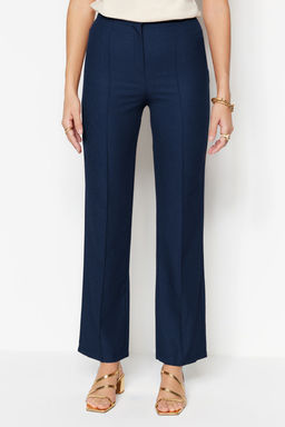 Lacivert Straight/Duz Kesim Yuksek Bel Nervur Dikisli Dokuma Pantolon TWOSS21PL0093