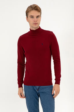 Erkek Slim Fit Boğazlı Bordo Basic Kazak