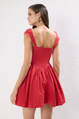TRENDYOLMILLA K?rm?z? A-Kesim Dugmeli Poplin Dokuma Poplin K?sa S?k Elbise TPRSS25EL00174  фото 5