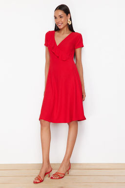 K?rm?z? F?rf?rl? Kruvaze Kapamal? Skater/Belden Ac?lan Esnek Midi Orme Elbise TWOSS24EL01068