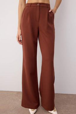 Koyu Kahverengi Yuksek Bel Wide Leg/Genis Paca Pilili Dokuma Kumas Pantolon TWOAW21PL0076