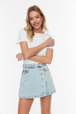 Mavi Dugme Detayl? Kruvaze Yuksek Bel Denim Sort Etek TWOSS22SR0448