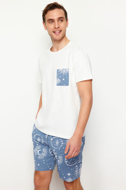 TRENDYOL MAN Ekru Mavi Bask?l? Regular Fit Couple/Cift Orme Sortlu Pijama Tak?m? TMNSS24PT00018 - Trendyolmilla фото 7