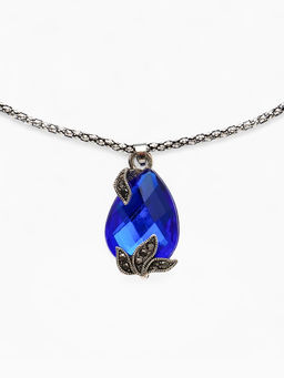 Гарнитур 2 предмета: кулон, серьги Жаклин листок, цвет синий в чернёном серебре, 45 см