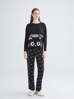 Bisiklet Yaka Bask?l? Kad?n Pijama Tak?m?