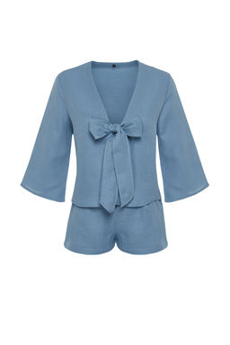 Mavi %100 Pamuklu Baglama/Kurdele/Fiyonk Detayl? Muslin Sortlu Dokuma Pijama Tak?m? THMSS24PT00077