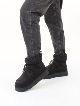 04-WF029-2M BLACK Ботинки зимние женские (натуральная кожа, курточная ткань, 100% шерсть)