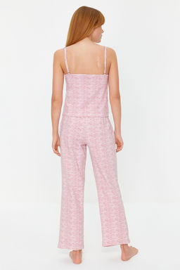Trendyolmilla Pudra Pamuklu Cizgili Dantelli Ip Ask?l? Orme Pijama Tak?m? THMSS23PT00227 фото 5