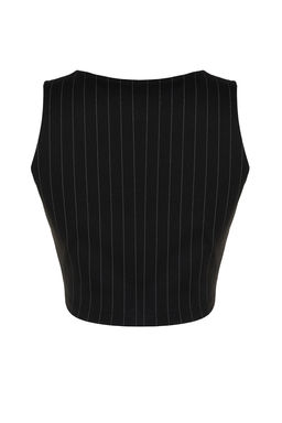 Siyah Regular Dugme Detayl? Cizgili Crop Yelek TWOSS23YE00037
