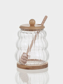 Баночка для мёда и варенья «Эко. Рельеф», 9×12.5 см, с бамбуковой крышкой и ложной, на подставке, стекло, прозрачная