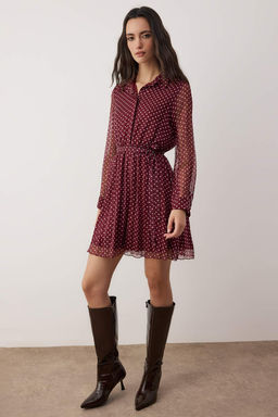 Bordo Puantiyeli Kusakl? K?sa / Mini Dokuma Elbise TWOAW26EL00283