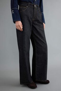 Siyah %100 Pamuk Raw Normal Bel Geni_ Wide Leg Jeans TWOAW27JE00083 - Trendyolmilla фото 4