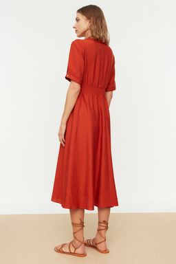 Turuncu A Kesim Gomlek Yaka Gipeli Midi Dokuma Elbise TWOSS21EL1023