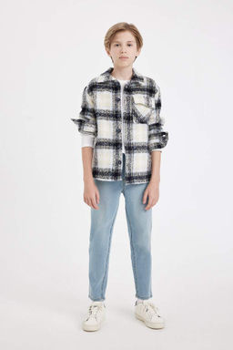 Фланелевая рубашка оверсайз для мальчика с воротником-поло и длинными рукавами - Defacto фото 2