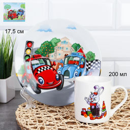 Набор посуды 2 предмета Машинки с зайчиком / C880#/DV-748