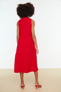 K?rm?z? Shift/Duz Kesim Dik Yaka Midi Dokuma Elbise TWOSS20EL1864