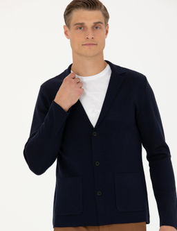 Темно-синий трикотажный кардиган приталенного кроя с v-образным вырезом темно-синего цвета - Cacharel фото 3