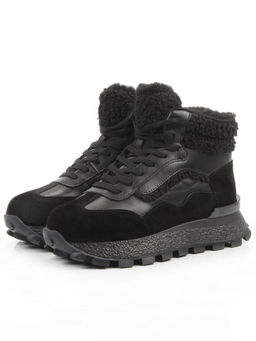 04-WG042-1M BLACK Кроссовки зимние женские (натуральная кожа, натуральная замша, 100% шерсть)