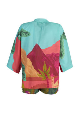 Manzara Desenli Dokuma %100 Pamuk Plaj Gomlek-Sort Tak?m TBESS22AU0040