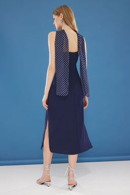 Lacivert Puantiyeli A Kesim Yakas? Fularl? Maxi Dokuma Elbise TWOSS25EL00290 - Trendyolmilla фото 5