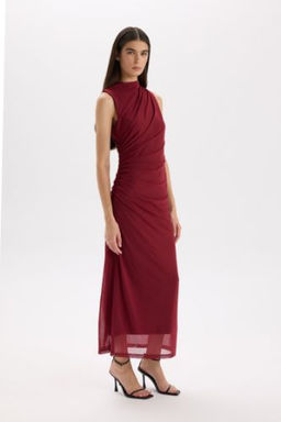 Bodycon Vucudu Saran Yar?m Bal?kc? Yaka Basic Duz Tul Kolsuz Maxi Elbise