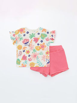 Bisiklet Yaka K?sa Kollu ?i?ekli K?z Bebek Bluz ve ?ort 2li Tak?m