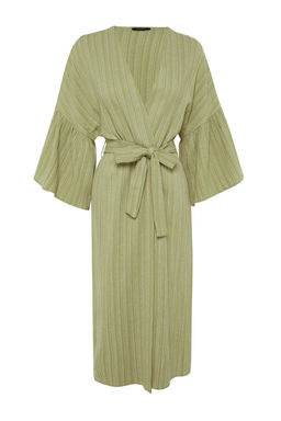 Haki Kusakl? Maxi Dokuma Volanl? Keten Kar?s?ml? Plaj Kimono&Kaftan TBESS23KM00028