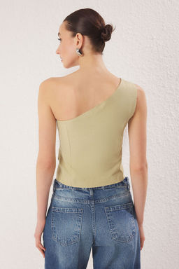 Trendyolmilla Haki Regular Keten Gorunumlu Tek Kol Dokuma Yelek TWOSS25YE00086  фото 14