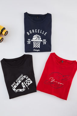 Turuncu-Lacivert-Ekru 3lu Erkek Cocuk Bask?l? Pamuklu Orme T-Shirt TKDAW25TS00012